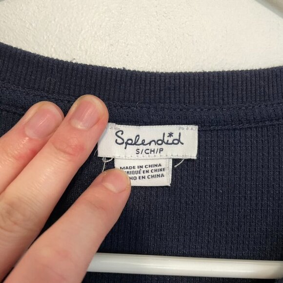 SPLENDID ANTHROPOLOGIE ANTHRO Waffle Mixed Puff Sleeve Top Navy Blue Henley Knit - Picture 5 of 14